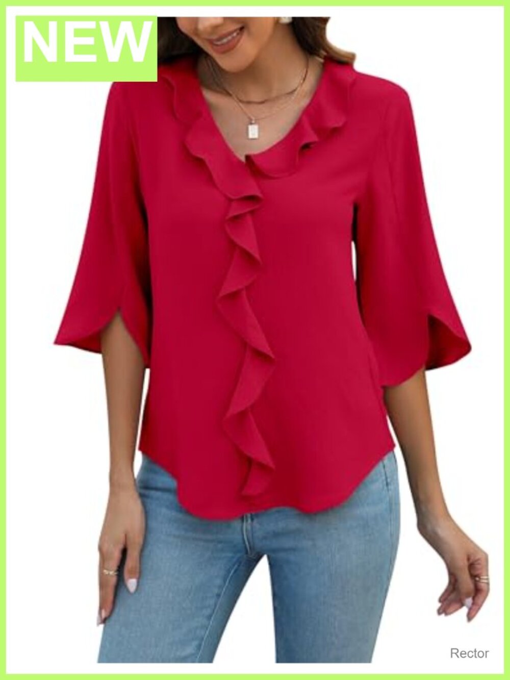 Womens 3/4 Sleeve V Neck Ruffle Blouse Business Casual Work Top